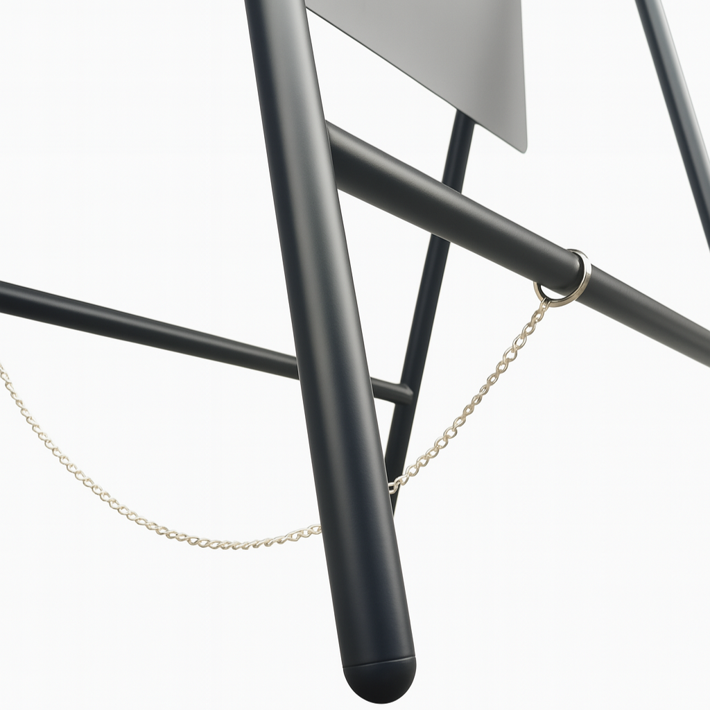 Metallic chair with black legs and a chain on a white background