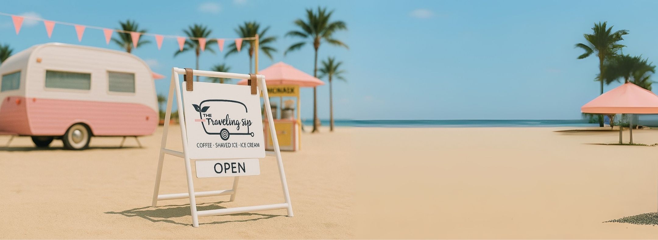 Beach scene with a vintage camper, palm trees, and a sign indicating 'Open'.