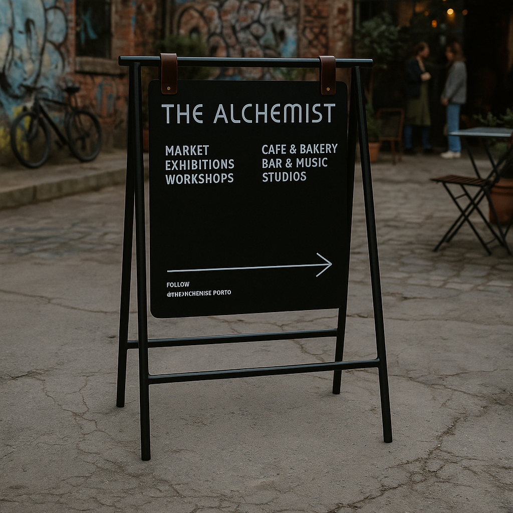 Outdoor sign for 'The Alchemist' with a neon arrow in the background.