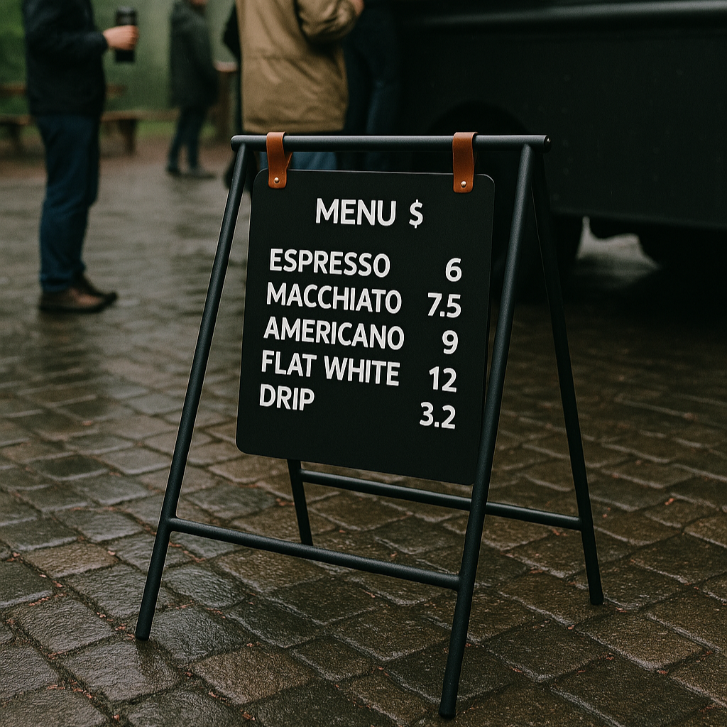 Menu board in front of a food truck with people ordering in a forest setting