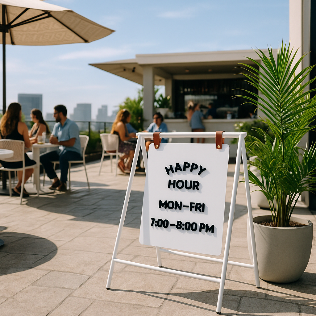 Outdoor patio with people dining, a plant, and a 'Happy Hour' sign.