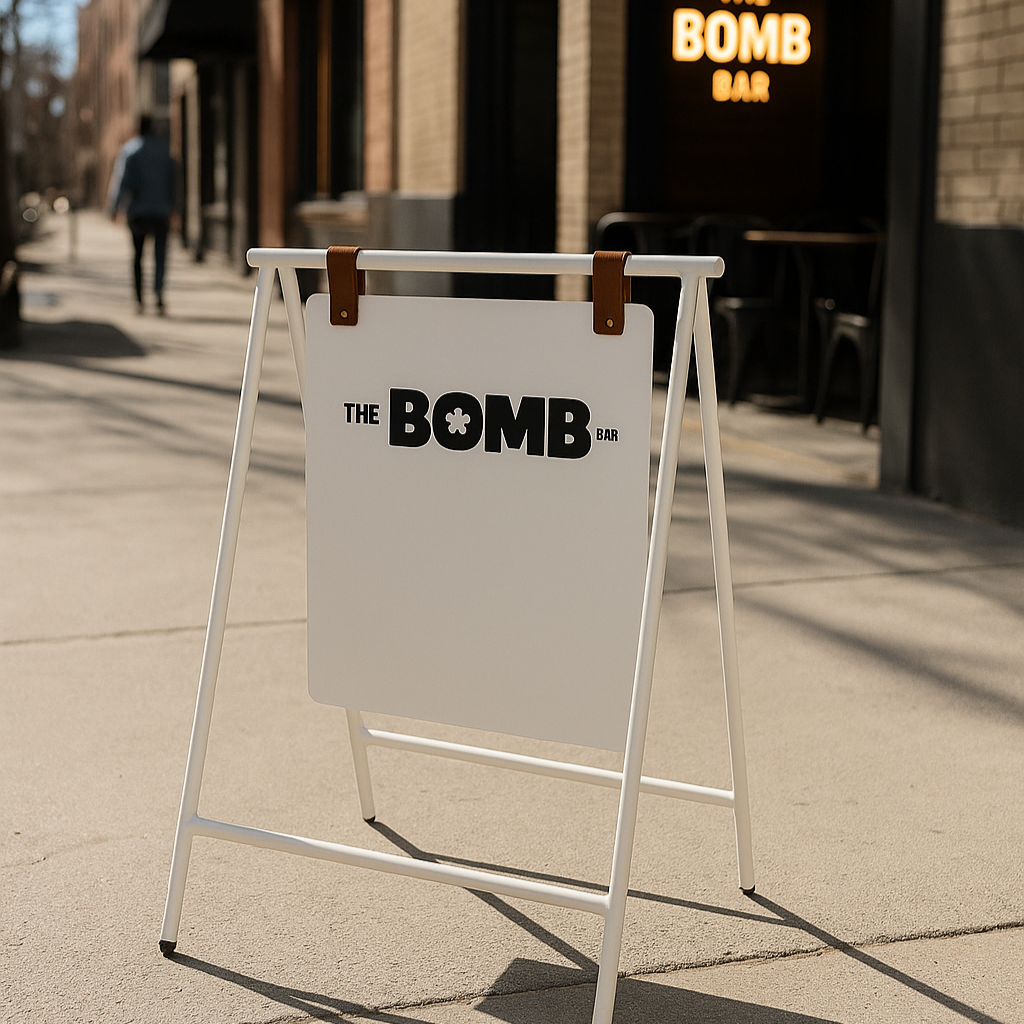 A-frame sign for 'The Bomb' in front of a building with a neon sign inside.