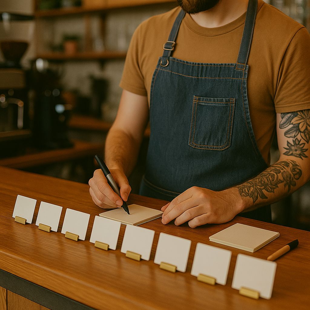 Person in a coffee shop writing on a notepad with coffee equipment in the background