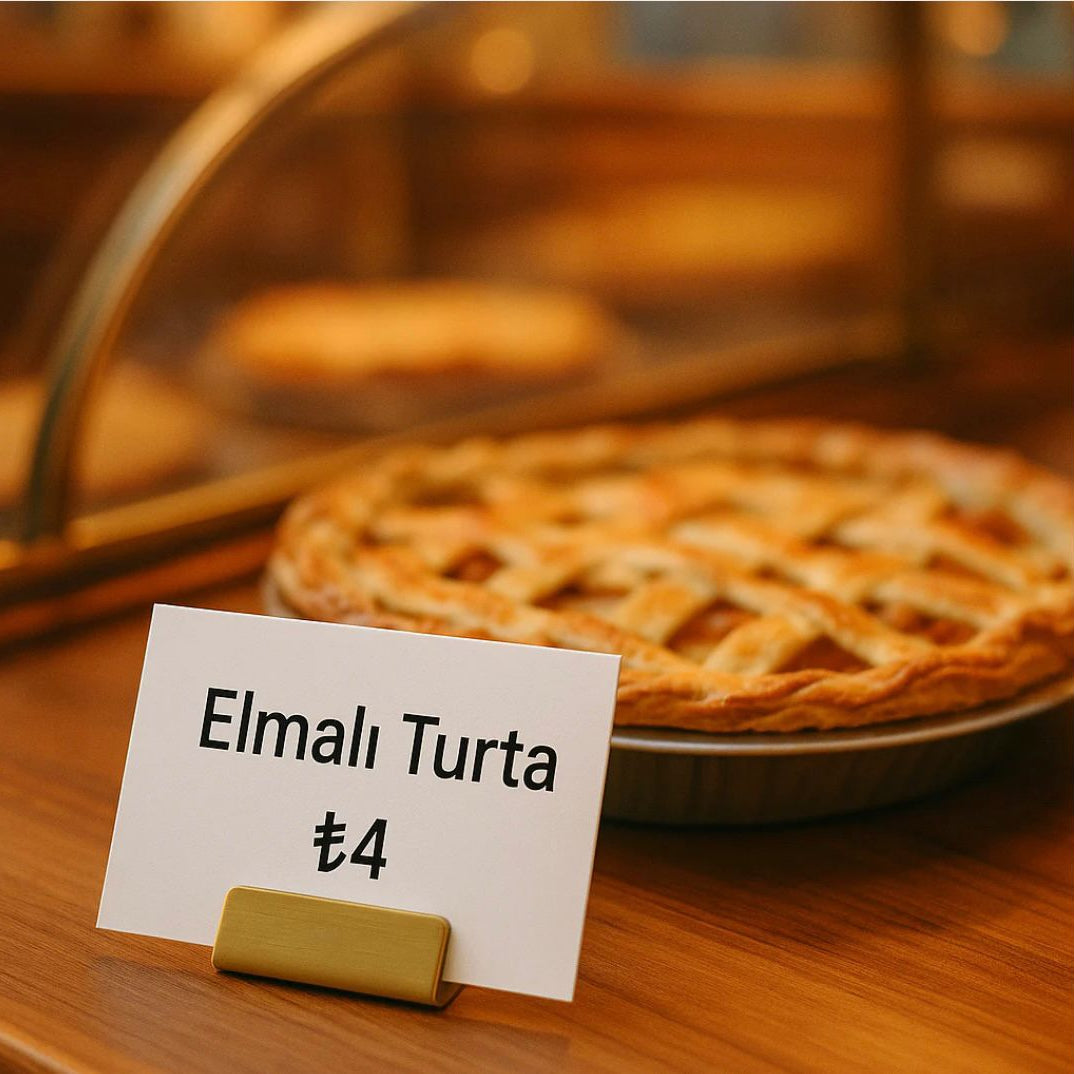 Pie on a wooden table with a price tag labeled 'Elmalı Turta' and price.