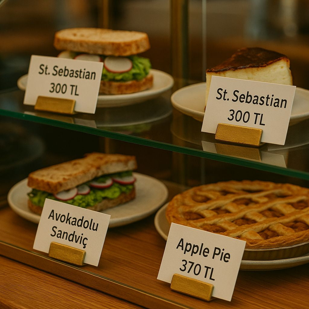 Display case with various pastries and sandwiches labeled with prices.