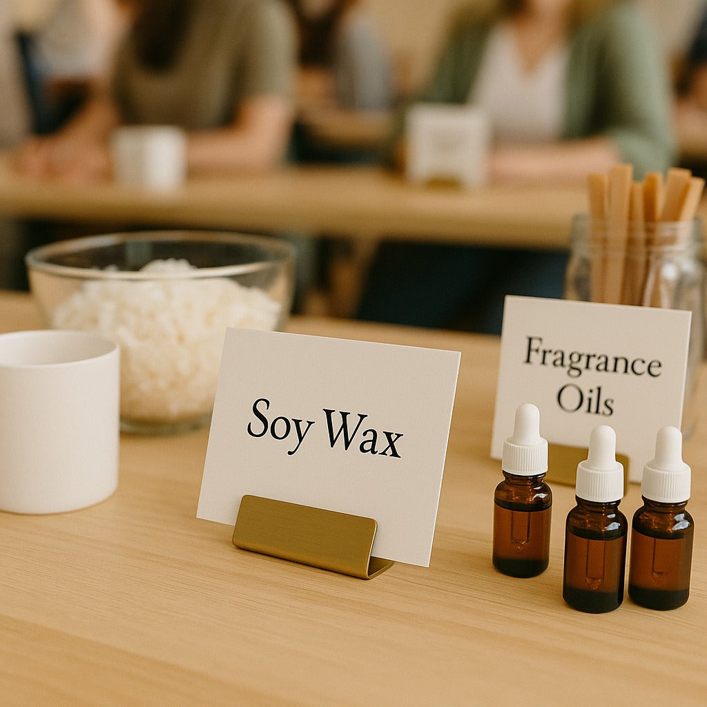 Soy wax and fragrance oils on a table with people in the background