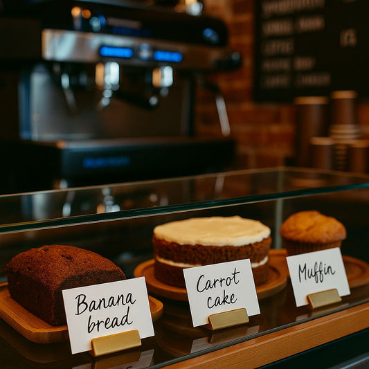 Display case with banana bread, carrot cake, and muffin labeled inside a coffee shop.
