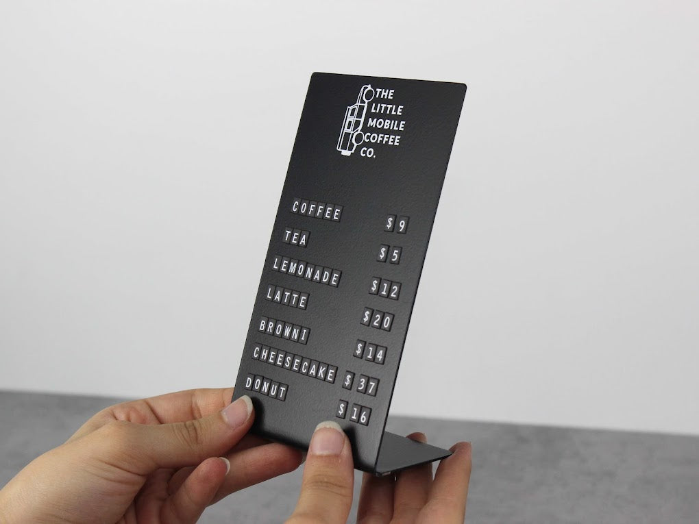 "Changeable magnetic coffee shop sign, great for showing menu items or offers. Designed for easy updates with magnetic letters on a sturdy counter display."