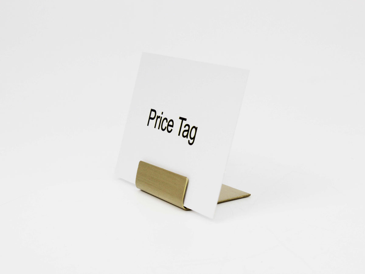 Brass price tag holder for buffet, café or retail display cards.
