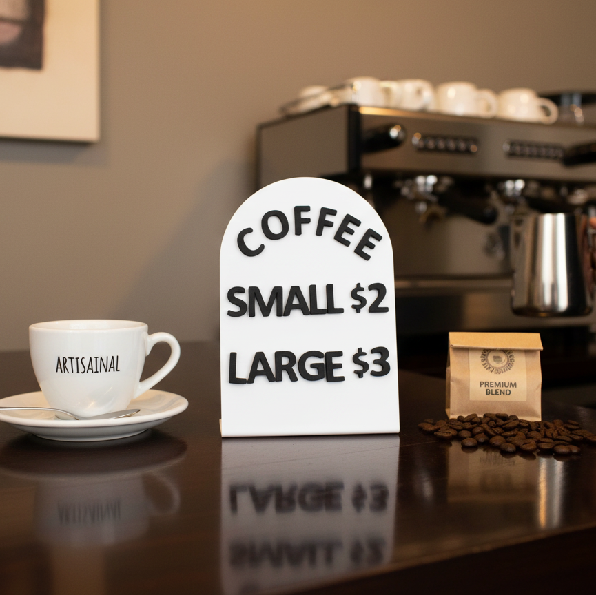 Coffee cup with a price sign on a counter next to a coffee machine.