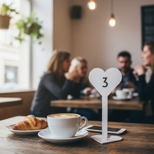 Café setting with a heart-shaped table number '3' and a cup of coffee on a wooden table.