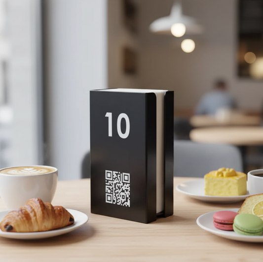 People dining together with a smartphone and a black box with '10' on a table.