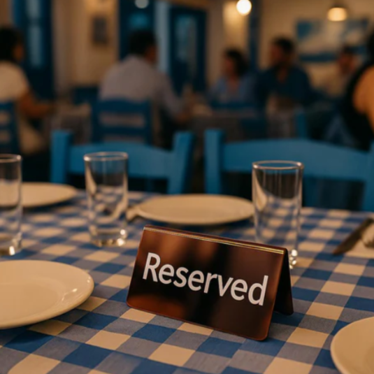 Reserved sign on a table with checkered tablecloth and blurred background of people sitting at tables.