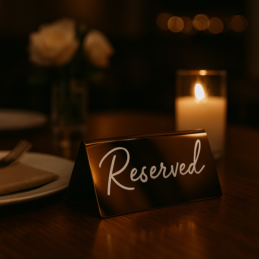 Reserved sign on a table with a candle and flowers in the background