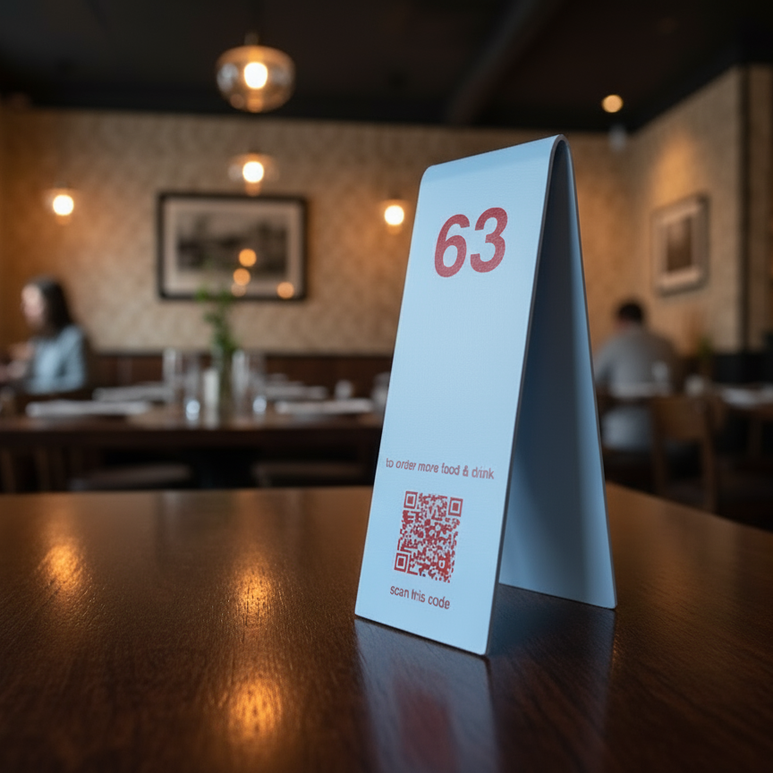 Table number 63 on a wooden table in a restaurant setting