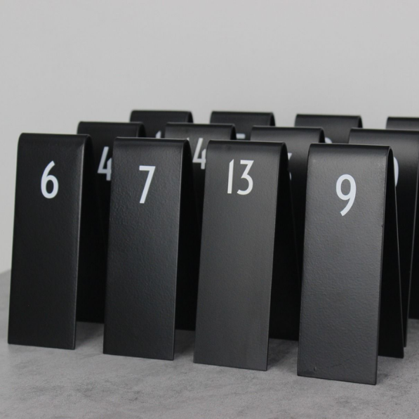 "Custom double-sided table numbers with logo printing, ideal for cafes and restaurants. They can also be used as reserved signs with multiple customization options."