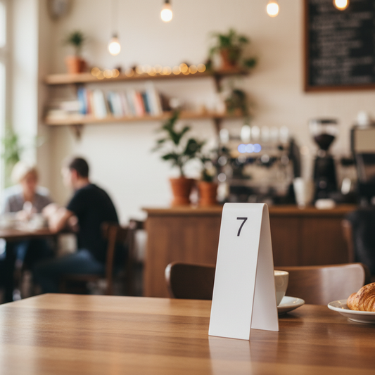Table with a croissant and coffee cup in a cozy cafe setting