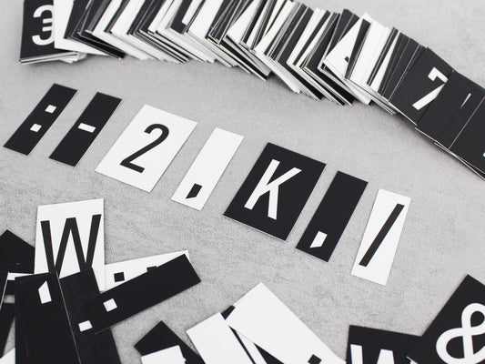 Versatile double-sided letter and number cards in black and white, perfect for menus and promotions.