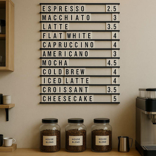 Coffee menu board with coffee types and prices in a coffee shop setting.