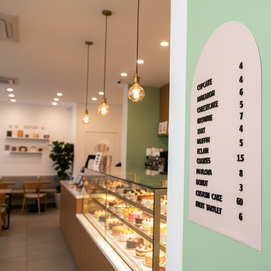 Interior of a bakery with a menu board displaying prices.