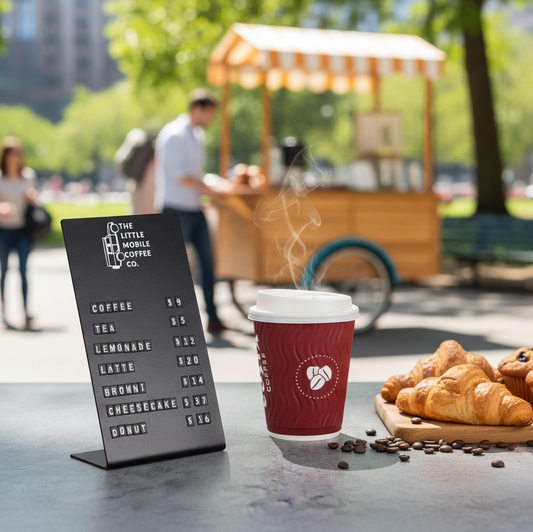 Red coffee cup with steam, menu board, and pastries on a table with a blurred coffee cart in the background.