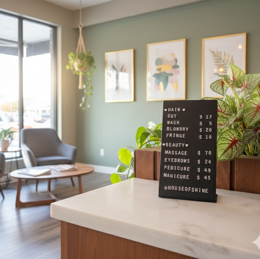 Modern waiting room with gray chairs, a counter, and decorative elements.