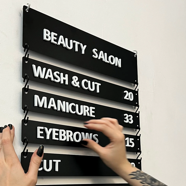 Designed for beauty salons, offices, and cafes, this magnetic wall menu allows you to easily change your listings.