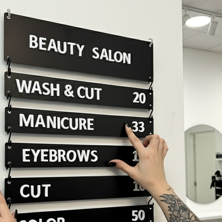 Price list for beauty salon services on a wall with a hand pointing to 'Eyebrows'.