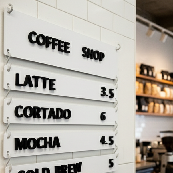Coffee shop interior with a price list on the wall and people at the counter.