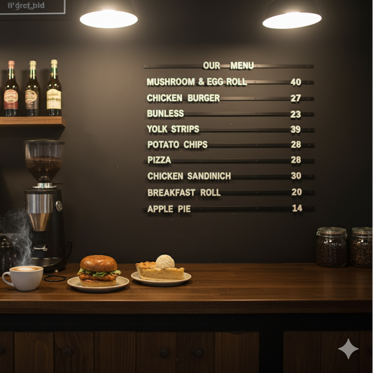 Coffee shop counter with menu board, coffee machine, and food items.