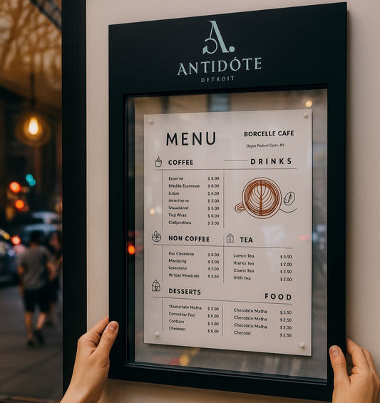 Framed menu board for Borcelle Cafe with Antidote logo, held by two hands against a blurred street background.