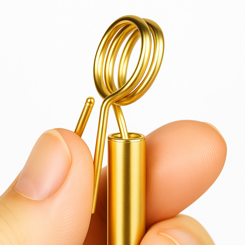 Gold-colored spiral tool held between fingers on a white background