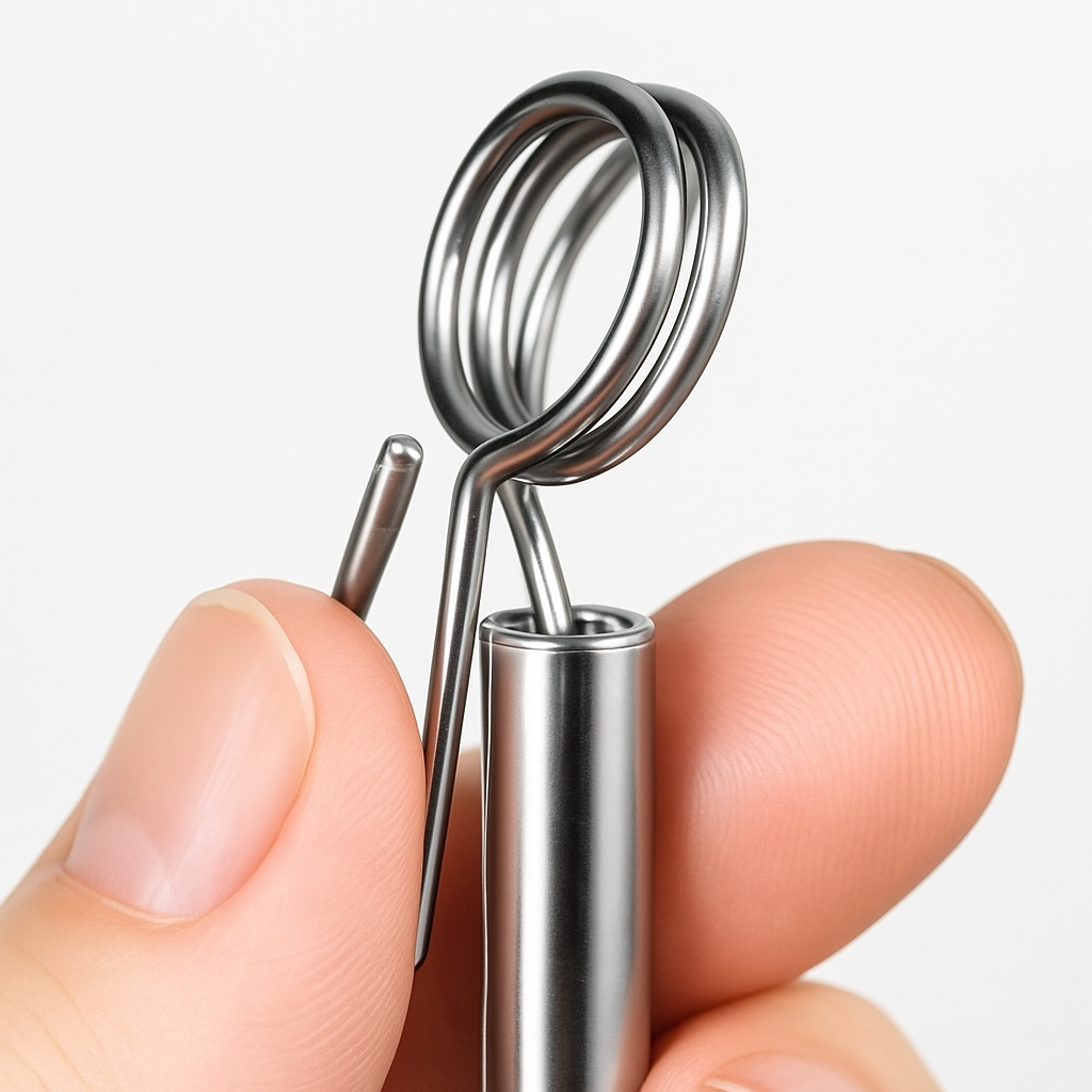 Metallic kitchen tool held between fingers against a white background