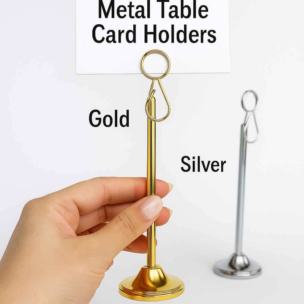 Gold and silver metal table card holders with a hand holding the gold one on a white background.