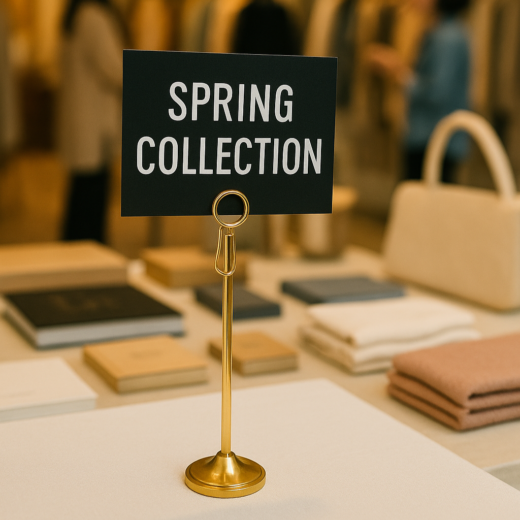 Spring Collection sign on a table with fashion items in a blurred store setting
