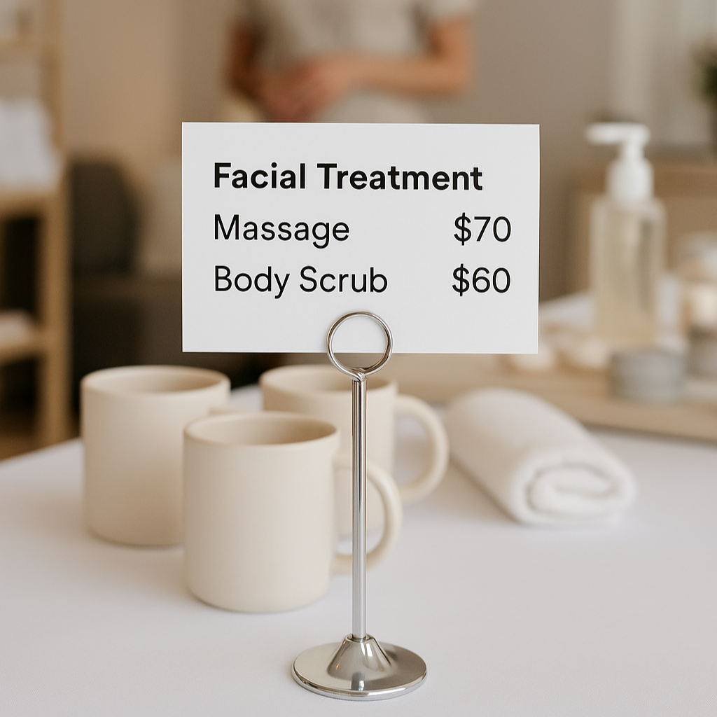 Facial treatment menu with prices on a stand in a spa setting.