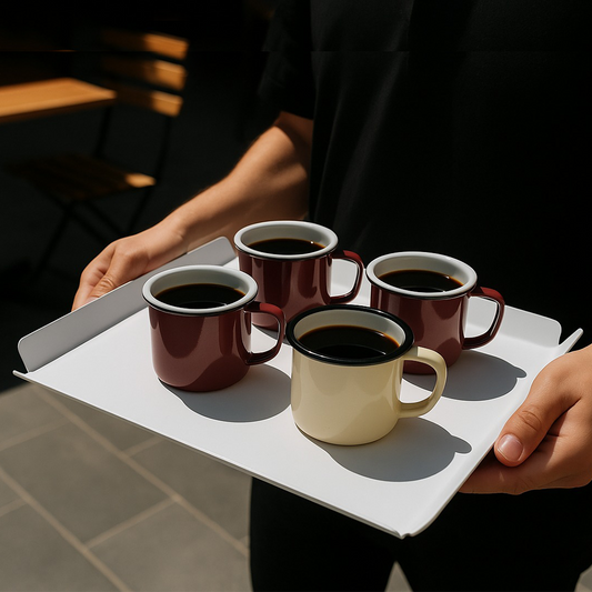 Person holding a tray with four coffee cups in different colors.
