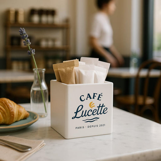 Café Lucette coffee packaging on a table with a blurred cafe background