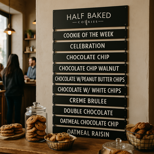 Menu board for 'Half Baked Cookies' with cookie options in a cafe setting