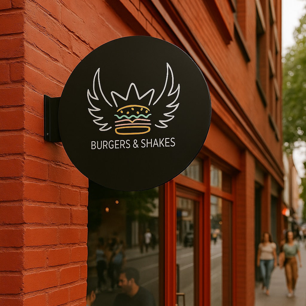 Restaurant sign for 'Burgers & Shakes' on a brick building with people walking by.