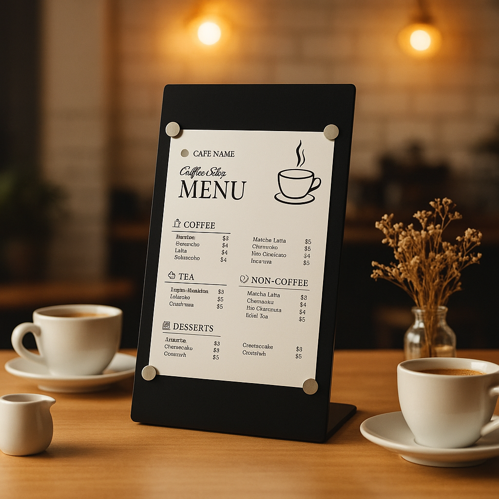 Menu board on a table with coffee cups and a blurred background
