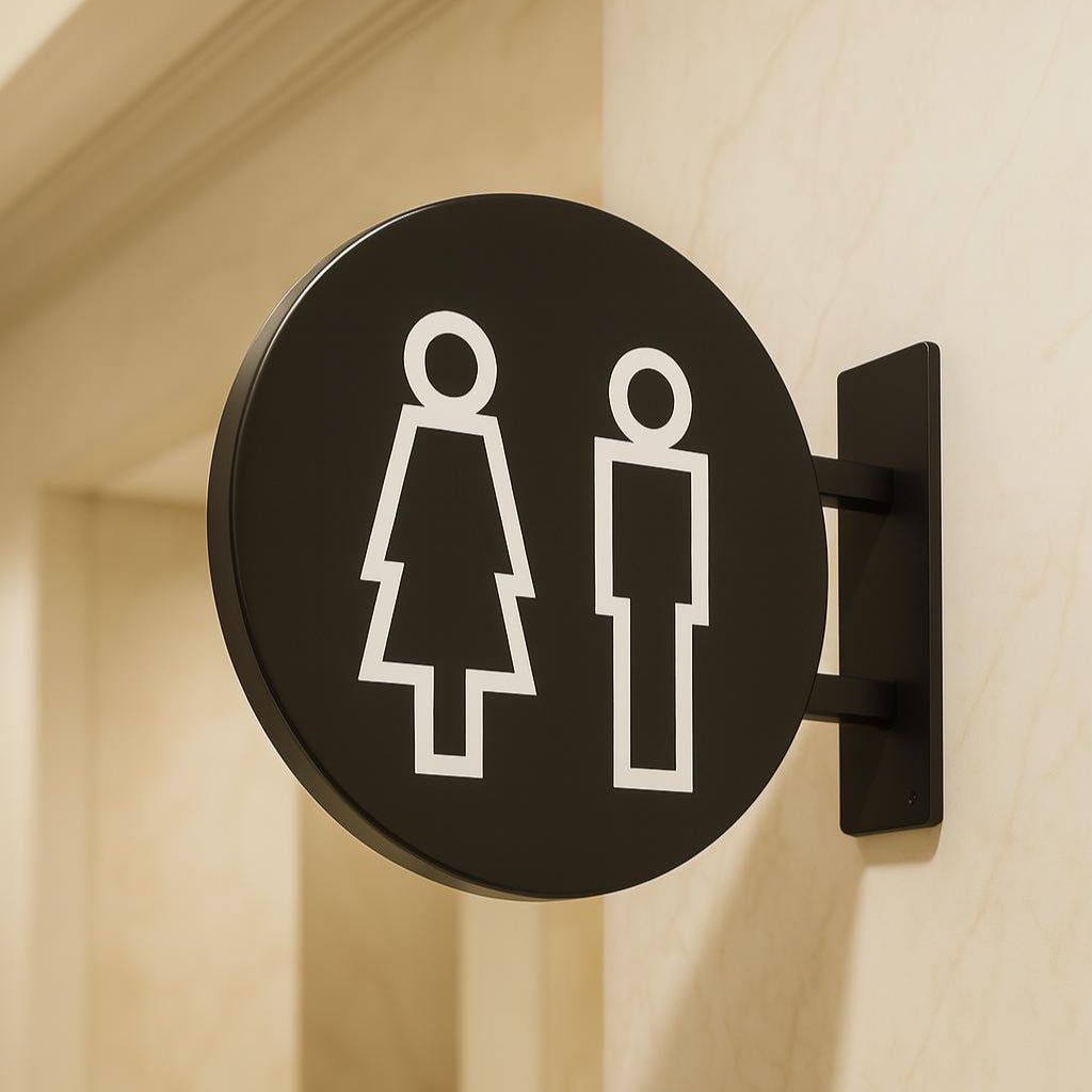Round black sign with gender symbols on a beige wall.