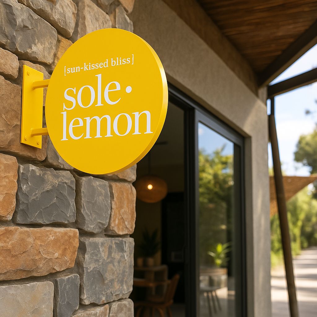 Yellow 'sole lemon' sign on a stone building