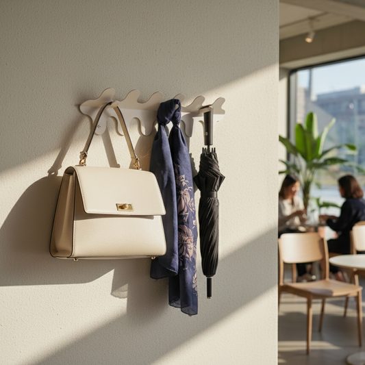 Wall-mounted coat rack with a beige handbag, blue scarf, and black umbrella in a modern office setting.