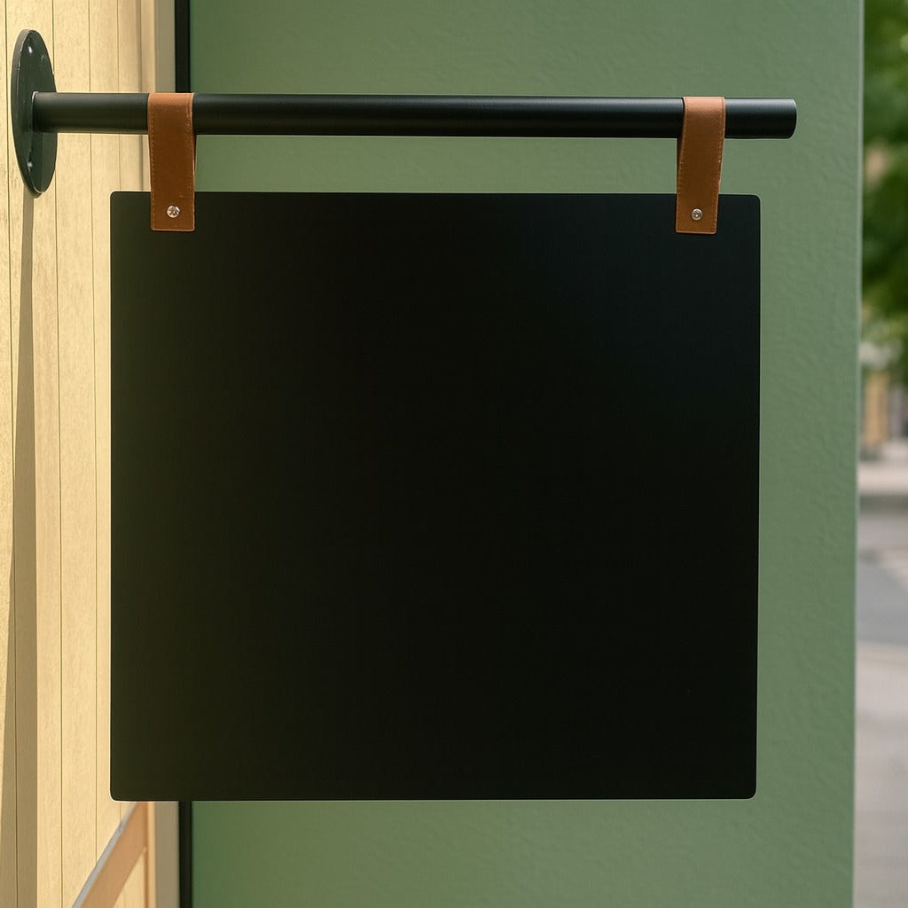 Black rectangular sign on a green door with a blurred outdoor background