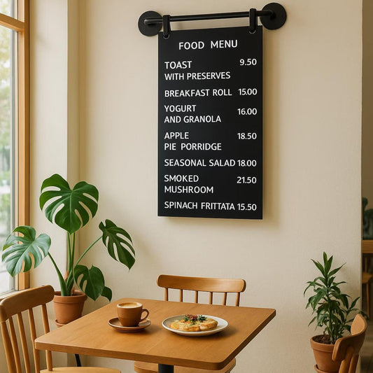 Restaurant menu on a wall above a table with a cup and plate.