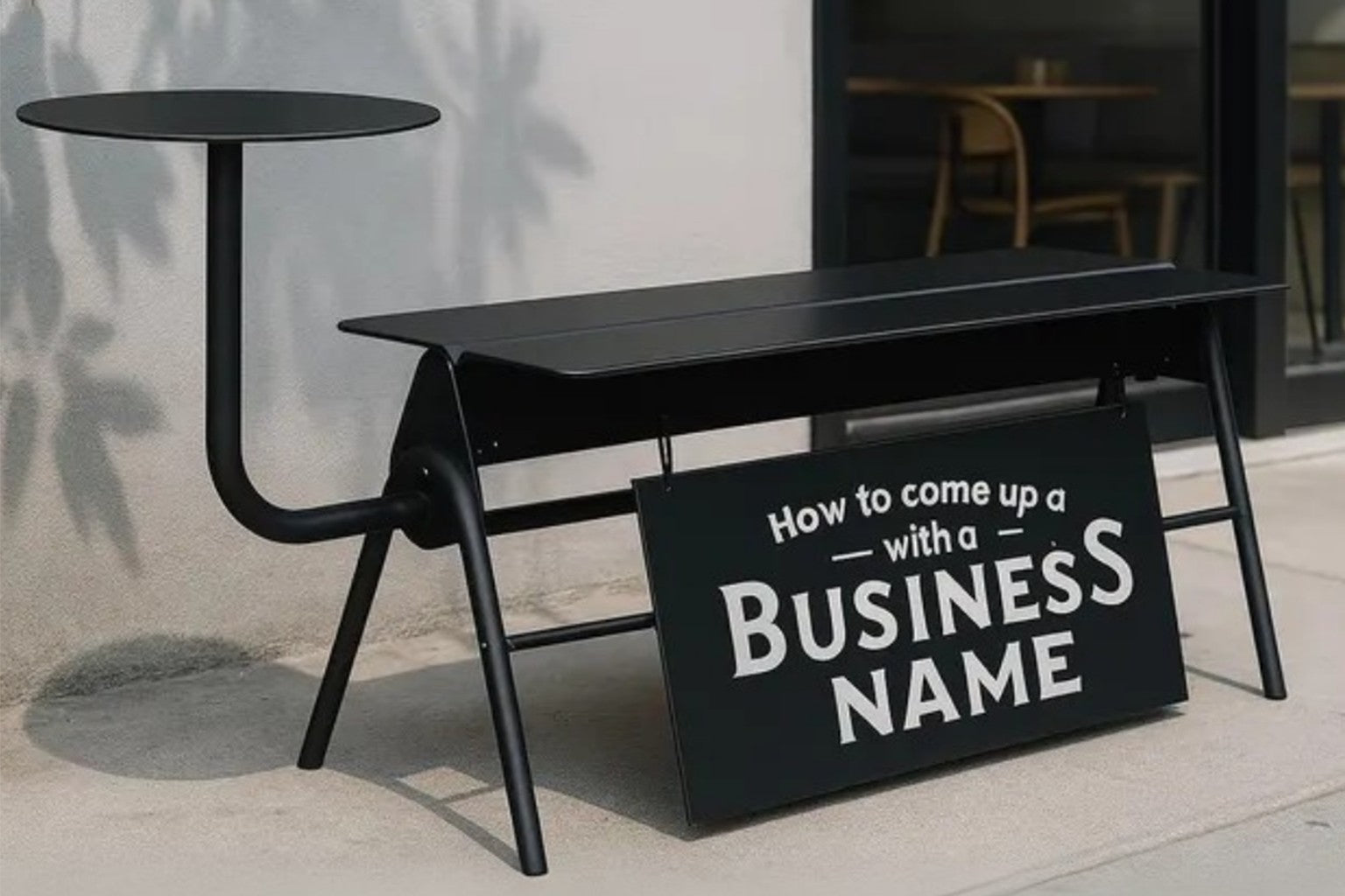 Modern White Metal Cafe Bench with Sign Holder & Tables - Adroniki