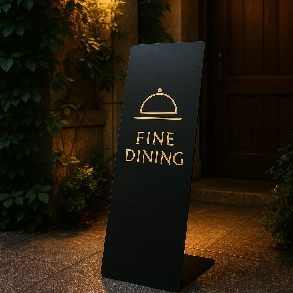 Fine dining sign in front of a building entrance