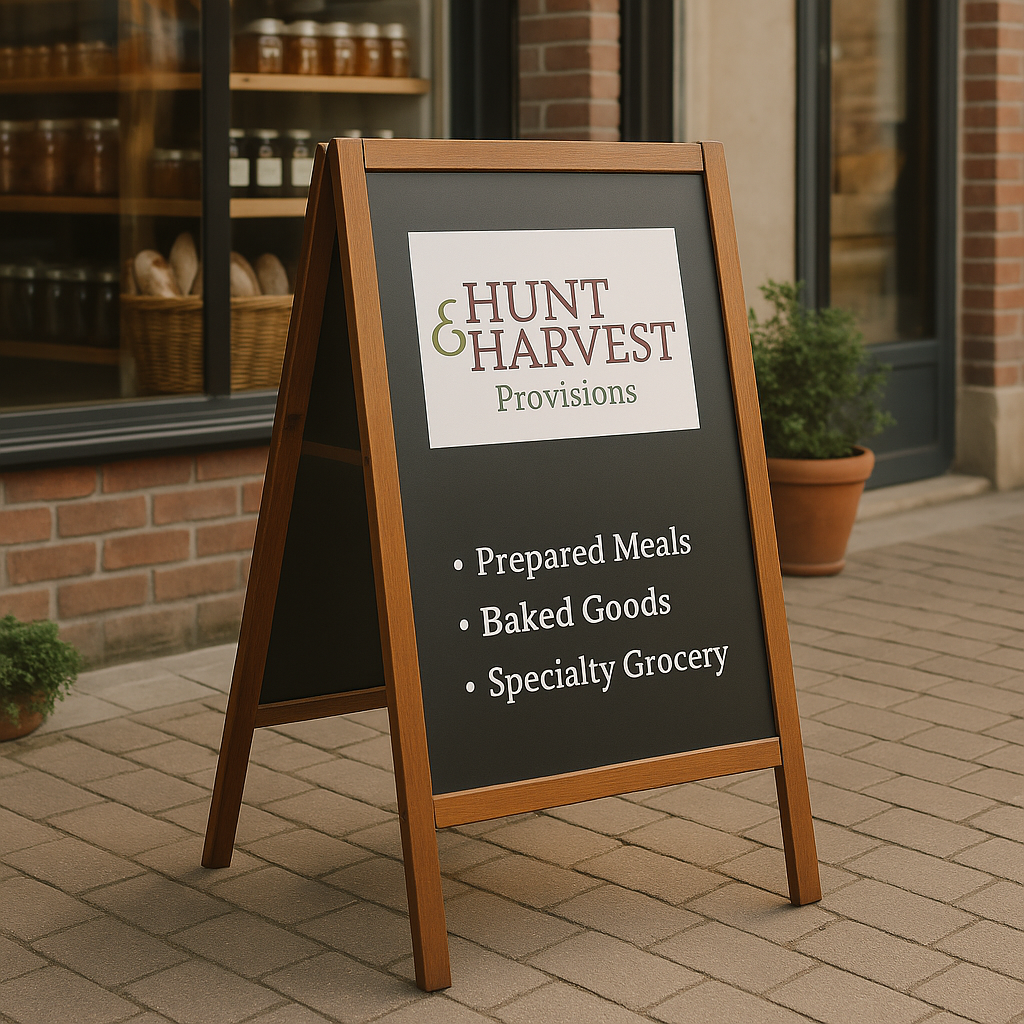 Outdoor sign for Hunt & Harvest Provisions with a store in the background