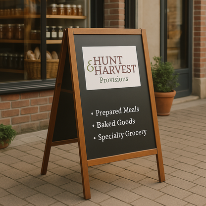 Outdoor sign for Hunt & Harvest Provisions with a store in the background